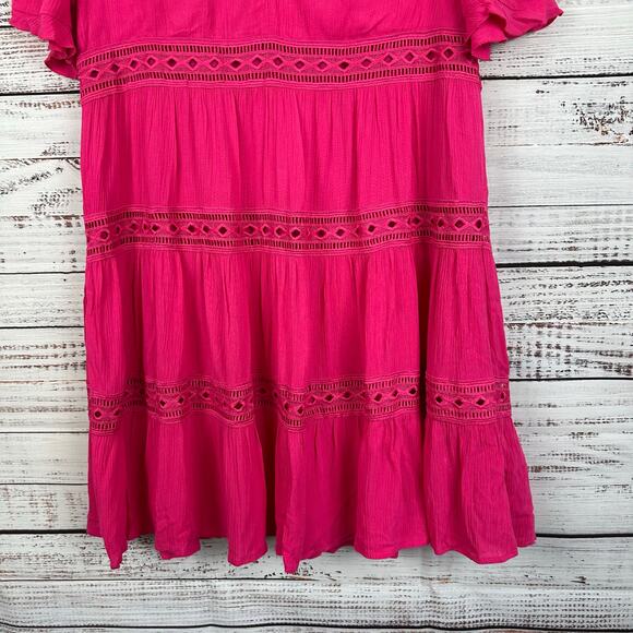 Women's Kate Sam Bright Pink Flowy Boho Tiered Ruffle Eyelet Midi Dress Size L - Picture 3 of 7